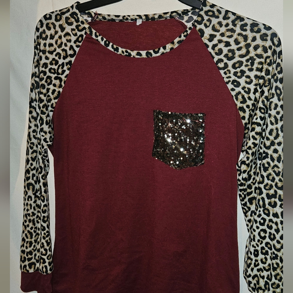Burgundy Long Sleeve Shirt with Leopard Print and Sequin Pocket